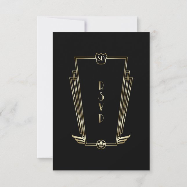 Royal Gold Black Art Deco Monogram Wedding RSVP (Vorderseite)