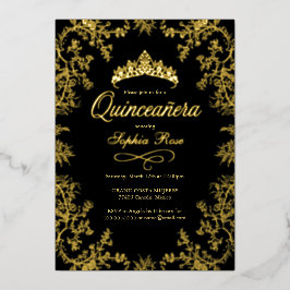 Royal Gold Black Crown Floral Quinceanera Folieneinladung