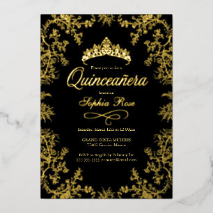 Royal Gold Black Crown Floral Quinceanera Folieneinladung