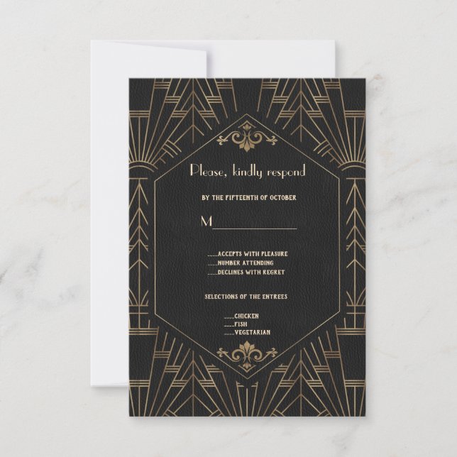 Royal Gold Black Great Gatsby 1920s Wedding RSVP (Vorderseite)