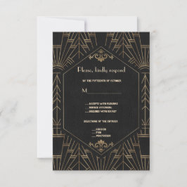 Royal Gold Black Great Gatsby 1920s Wedding RSVP Karte