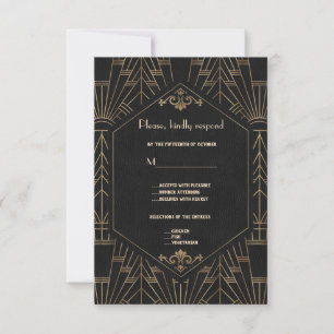 Royal Gold Black Great Gatsby 1920s Wedding RSVP Karte