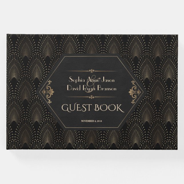 Royal Gold Black Great Gatsby Art Deco Hochzeit Gästebuch (Vorderseite)