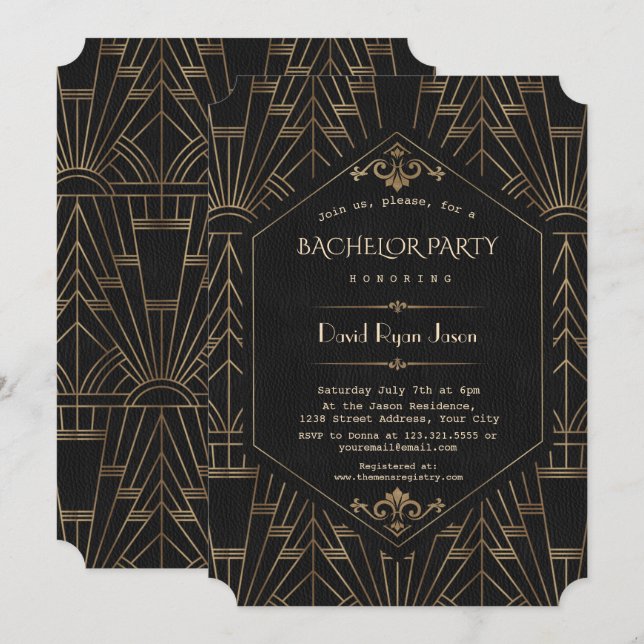 Royal Gold Black Great Gatsby Bachelor Party der 1 Einladung (Vorne/Hinten)