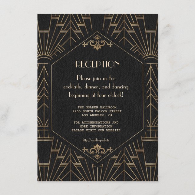 Royal Gold Black Great Gatsby Hochzeitsempfang Begleitkarte (Vorderseite)