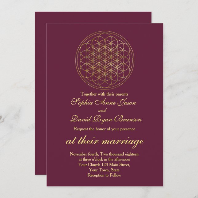 Royal Gold Blume of Life Sacred Geometry Wedding Einladung (Vorne/Hinten)