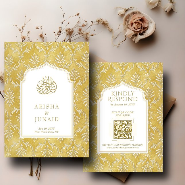 Royal Gold Damask Muslim QR Code UAWG Wedd Website Begleitkarte (Von Creator hochgeladen)