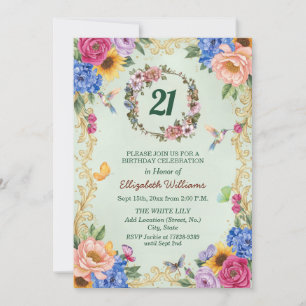 Royal Gold Floral Hummingbirds 21. Geburtstagsfeie Einladung