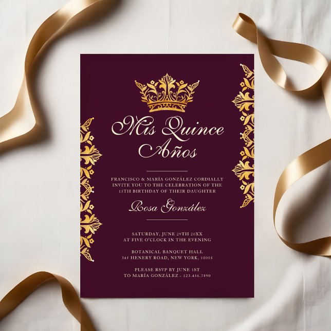 Royal Gold Leaf Crown Elegant Burgundy Quinceañera Einladung (Royal Gold Leaf Crown Elegant Burgundy Quinceañera Invitation)