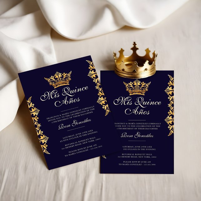 Royal Gold Leaf Crown Elegant Navy Quinceañera Einladung (Royal Gold Leaf Crown Elegant Navy Quinceañera Invitation)