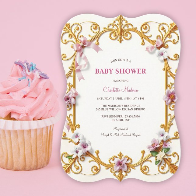 Royal Gold Rokoko Pink Floral Girl Babydusche Einladung (Royal Gold Rococo Pink Floral Girl Baby Shower Invitation)
