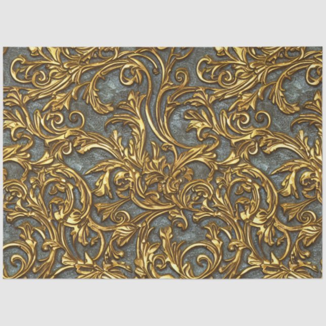 Royal Gold und Cyan Verziert Celtic Damask Seidenpapier (Vorderseite)