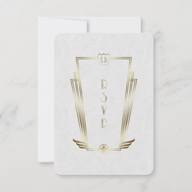 Royal Gold White Art Deco Monogram Wedding RSVP (Vorderseite)