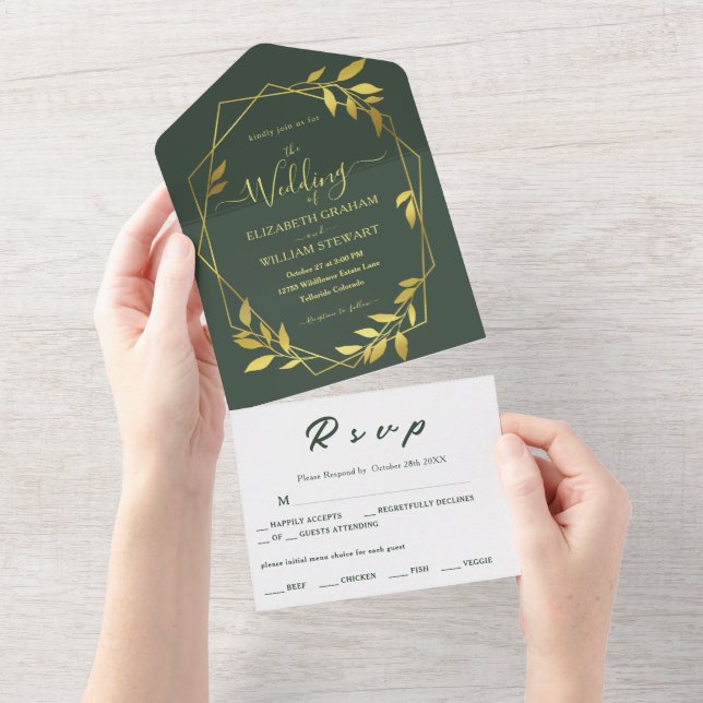 Royal Green Botanical Elegant Geometric Wedding All In One Einladung (Abreißen)