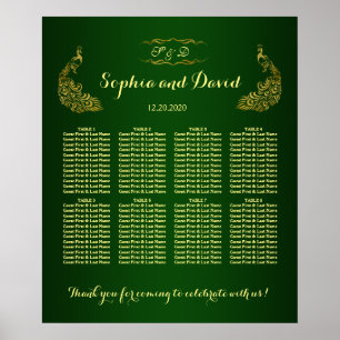 Royal Green Gold Peacock Wedding Chart Poster