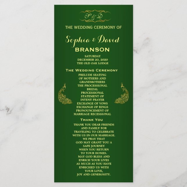 Royal Green Gold Peacock Wedding Program Custom Programm (Vorderseite)