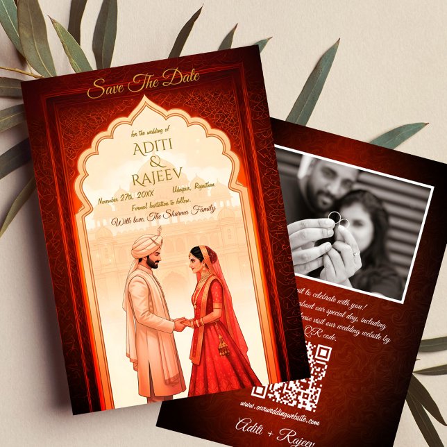 Royal Indian Palace Wedding Save the Date QR Code Einladung (Royal Indian Wedding Save The Date with Couple Image and QR Code in the backside.)