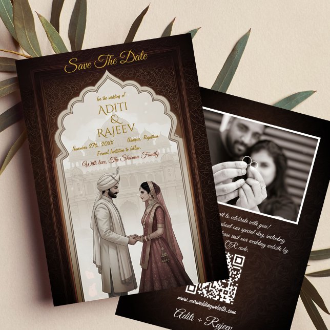 Royal Indian Palace Wedding Save the Date QR Code Einladung (Royal Indian Wedding Save The Date with Couple Image and QR Code in the backside.)