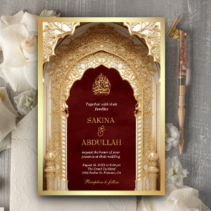 Royal Islamic Arch Maroon Gold Muslim Wedding Einladung