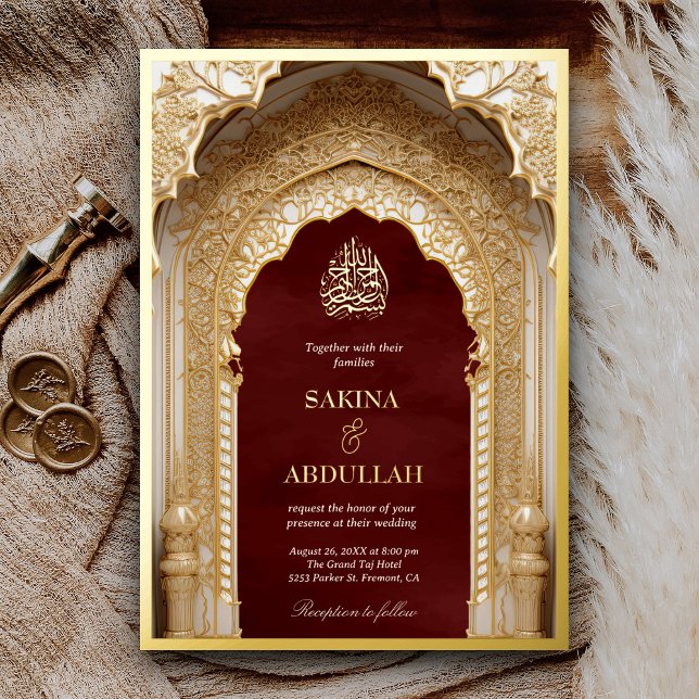 Royal Islamic Arch Maroon Red Muslim Wedding Gold Folieneinladung (Von Creator hochgeladen)
