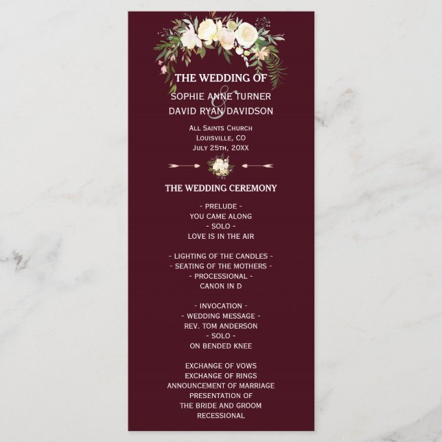 Royal Ivory Floral Burgundy Wedding Program Programm (Vorderseite)