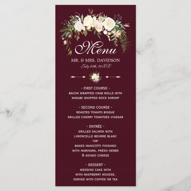 Royal Ivory Floral Wappen Burgundy Wedding Menu Menükarte (Vorderseite)