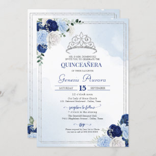 Royal Light Blue Silver Rose Flor Quinceañera Einladung