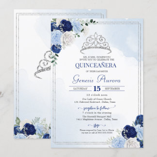 Royal Light Blue Silver Rose Flor Quinceañera Einladung