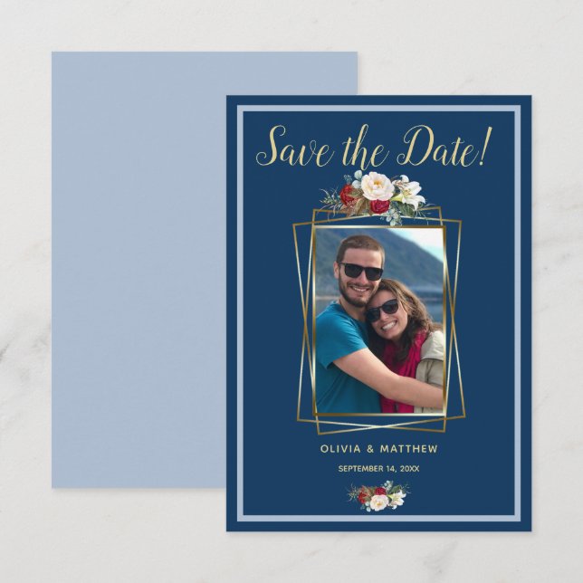 Royal Light Blue Watercolor Blush and Red Peony Einladung (Vorne/Hinten)