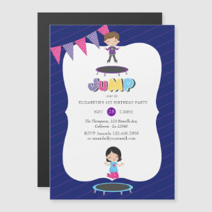 Royal Lila and Blue Trampolin Birthday Party Magneteinladung