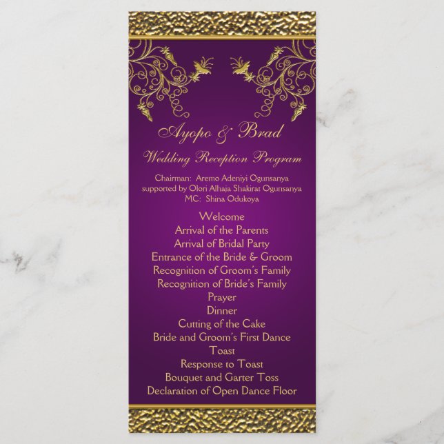 Royal Lila and Gold Floral Menu Card Programm (Vorderseite)