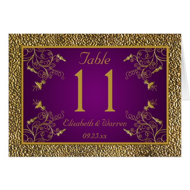 Royal Lila and Gold Floral Tischnummer Card (Vorderseite (Horizontal))