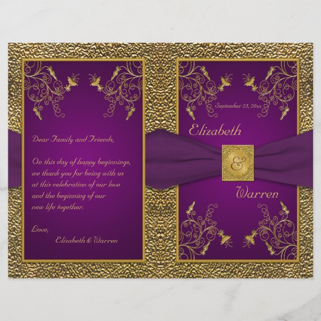 Royal Lila and Gold Medallion Wedding Program (Vorderseite)
