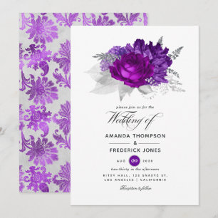Royal Lila and Silver Floral Wedding Einladung