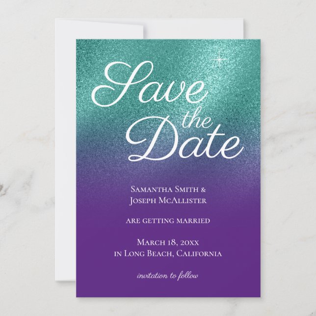 Royal Lila Aquamarin Glitzer Ombre Save the Date Einladung (Vorderseite)