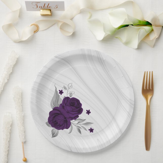 Royal-lila Blumen silberne Blätter Marmor Pappteller (Hochzeit)