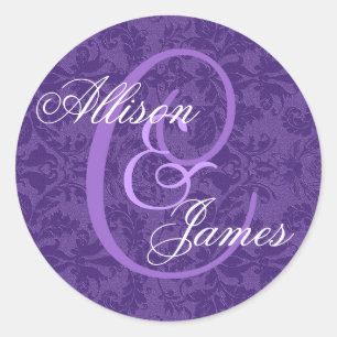 Royal Lila Damask Wedding Custom Monogram V01 Runder Aufkleber