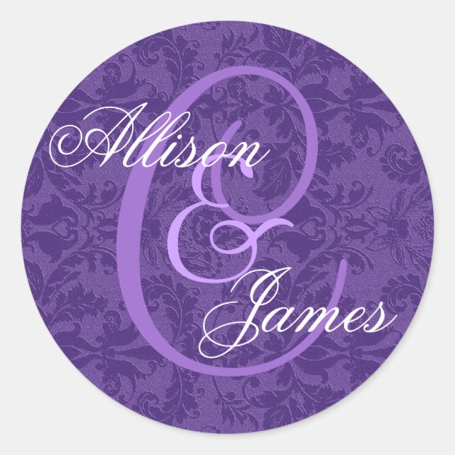 Royal Lila Damask Wedding Custom Monogram V01 Runder Aufkleber (Vorderseite)