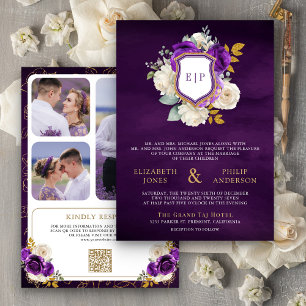 Royal Lila Floral QR Code Foto Wappen Hochzeit Einladung