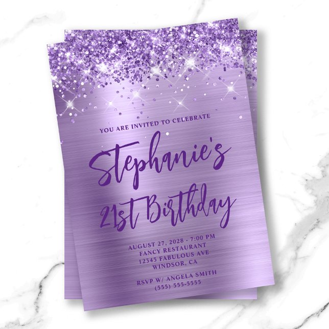 Royal Lila Glitzer Foil Bold 50. Geburtstag Einladung (21st Birthday Invite - Brush Script Option)