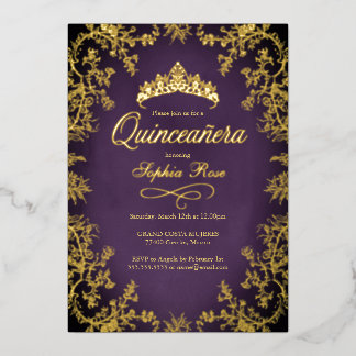 Royal Lila Gold Crown Quinceanera Folieneinladung