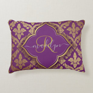 Royal Lila Gold Damask Muster Fleur Monogram Dekokissen