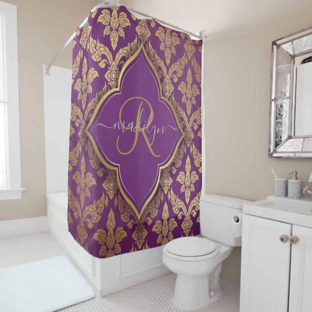 Royal Lila Gold Damask Muster Fleur Monogram Duschvorhang (Beispiel)