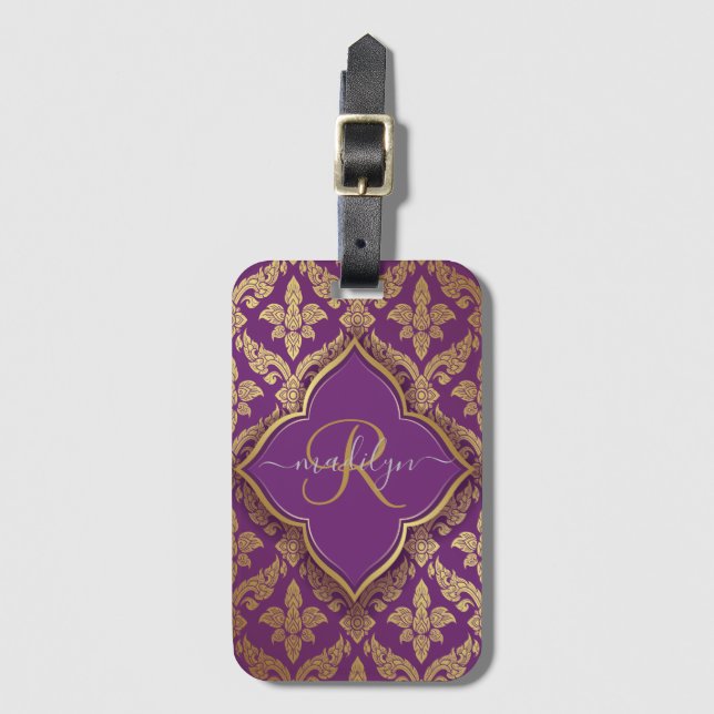 Royal Lila Gold Damask Muster Fleur Monogram Gepäckanhänger (Vorderseite Vertikal)