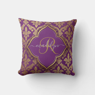 Royal Lila Gold Damask Muster Fleur Monogram Kissen