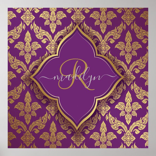 Royal Lila Gold Damask Muster Fleur Monogram Poster (Vorne)