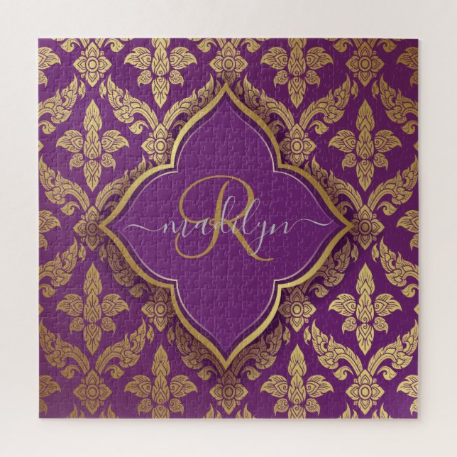 Royal Lila Gold Damask Muster Fleur Monogram Puzzle (Vertikal)