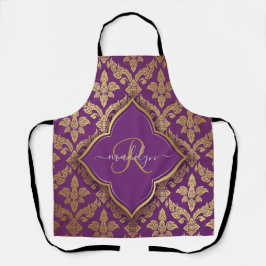 Royal Lila Gold Damask Muster Fleur Monogram Schürze