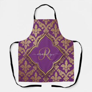 Royal Lila Gold Damask Muster Fleur Monogram Schürze
