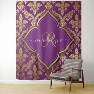 Royal Lila Gold Damask Muster Fleur Monogram Wandteppich
